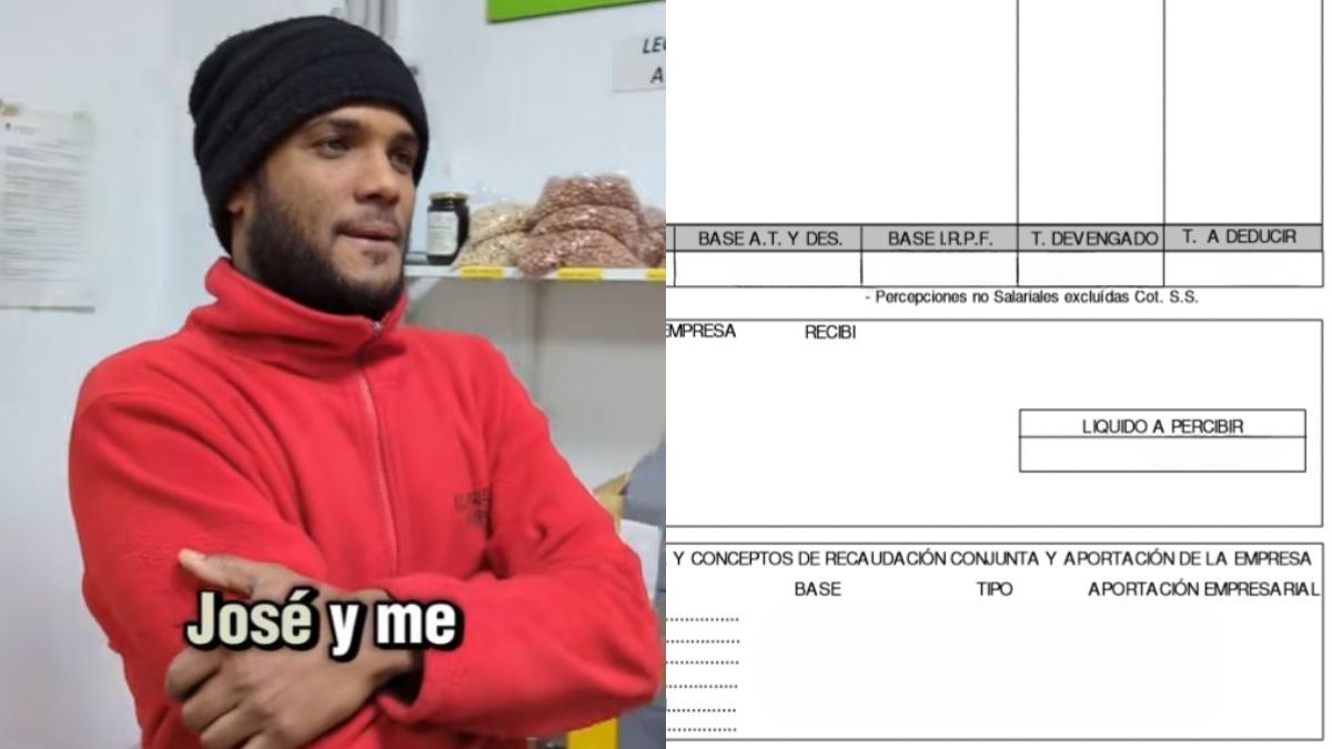 El frutero durante la entrevista y una nómina