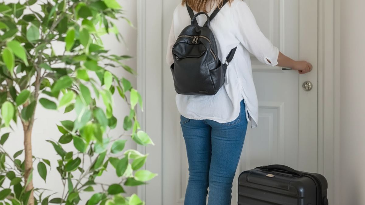 Una mujer con una maleta abriendo la puerta de un piso