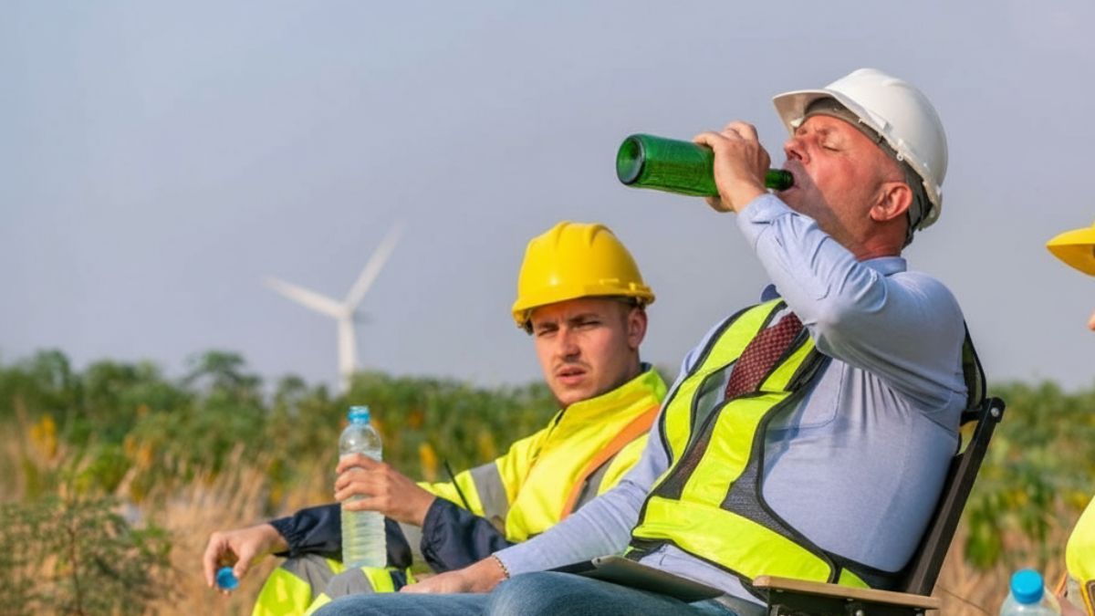 Dos trabajadores bebiendo en el trabajo