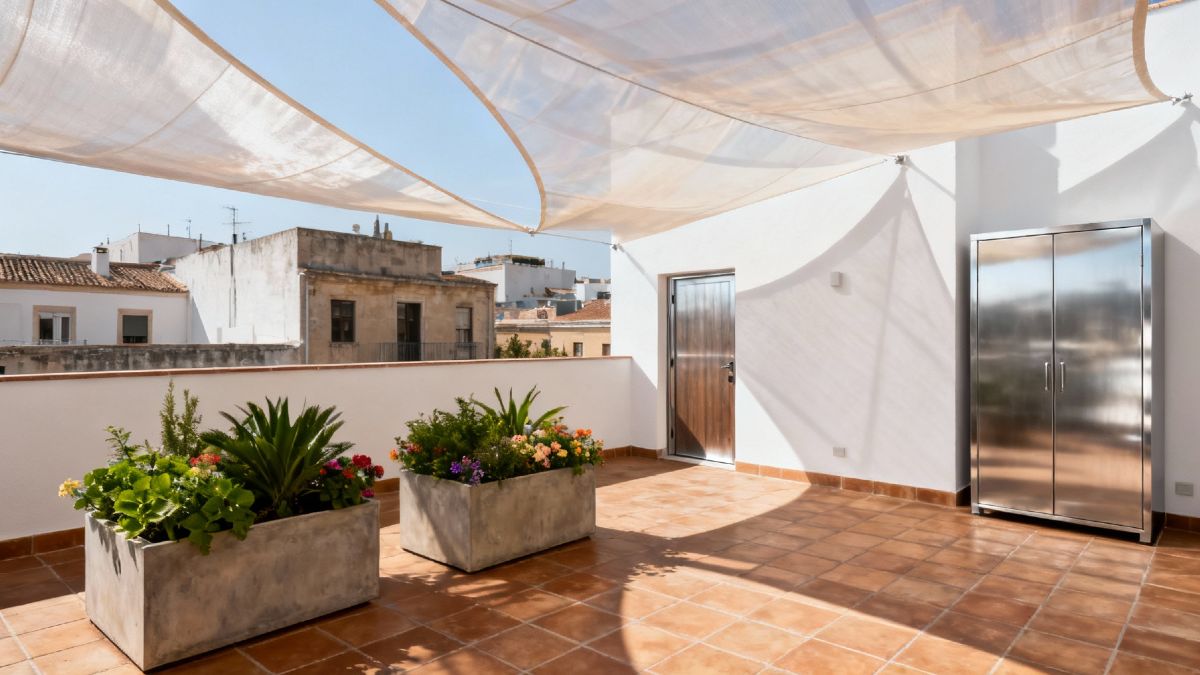 Una terraza con jardineras, un toldo y un armario metálico