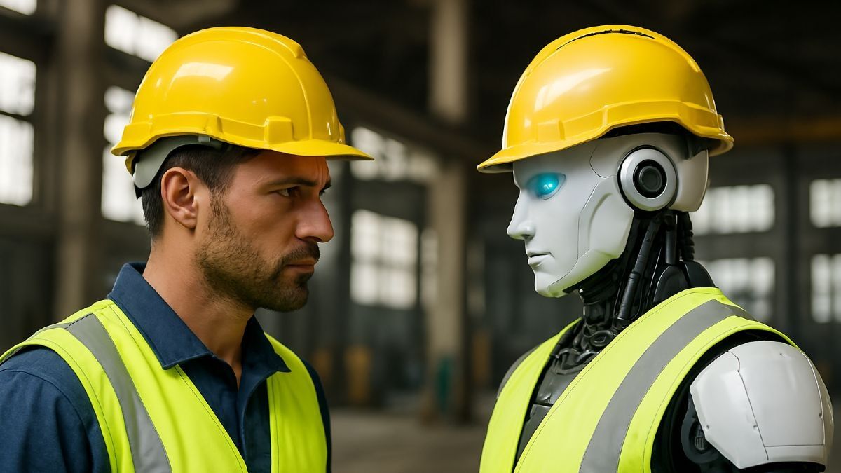 Un trabajador y una maquina con inteligencia artificial