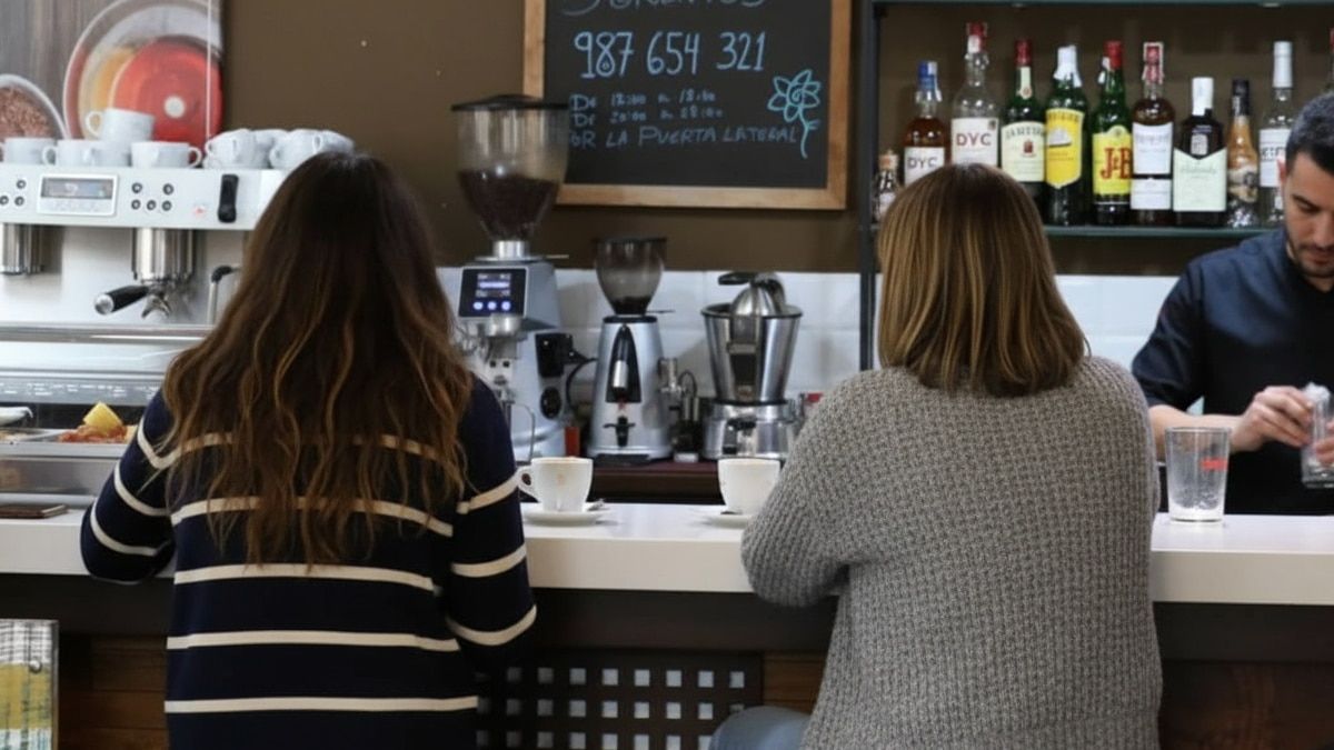 Dos personas tomando cafe en una cafetería