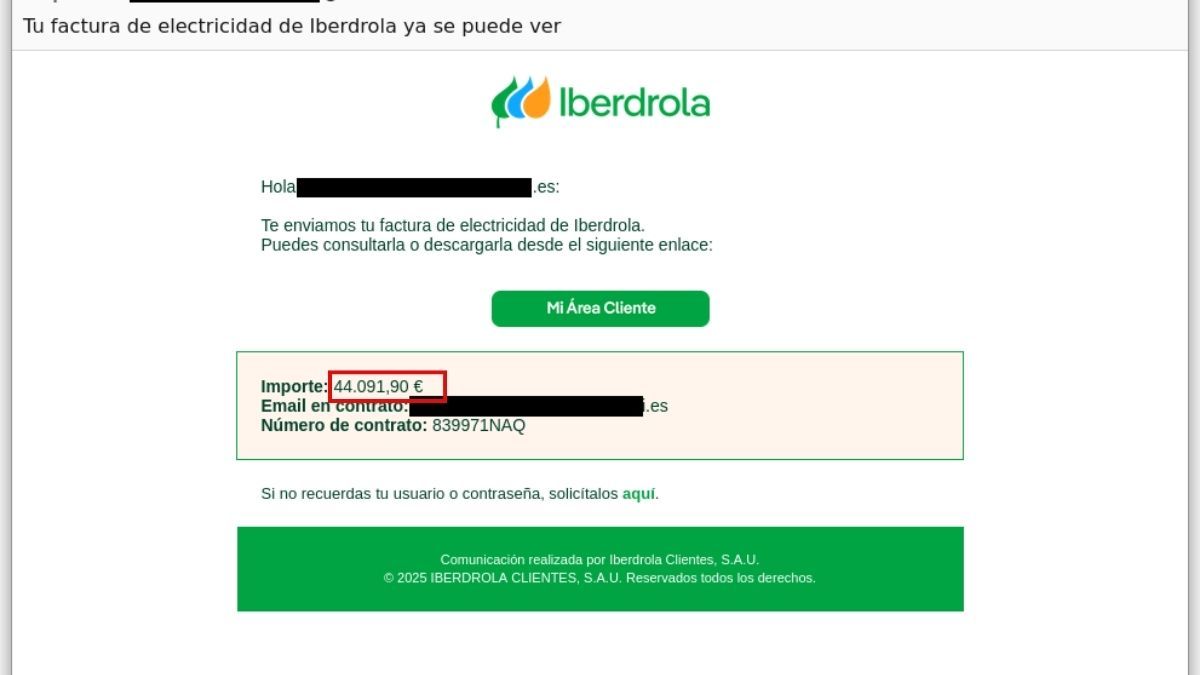 un ejemplo de notificación fraudulenta que imita a Iberdrola