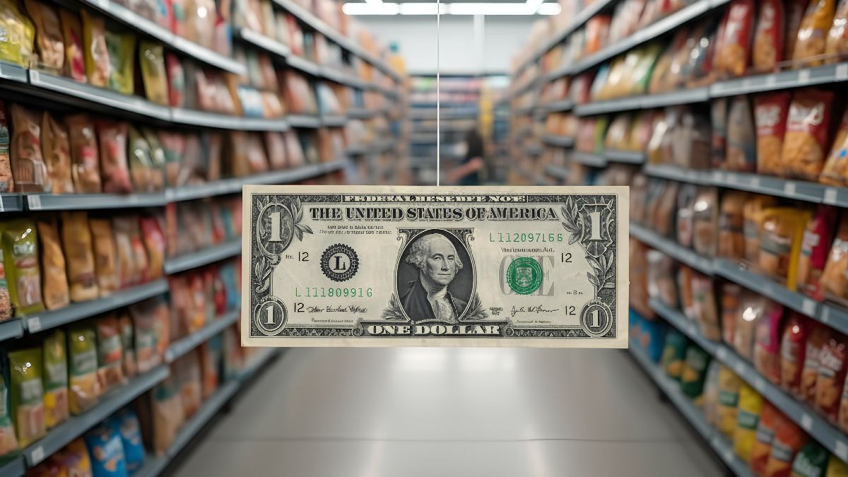 Un billete de dolar en un pasillo de supermercado