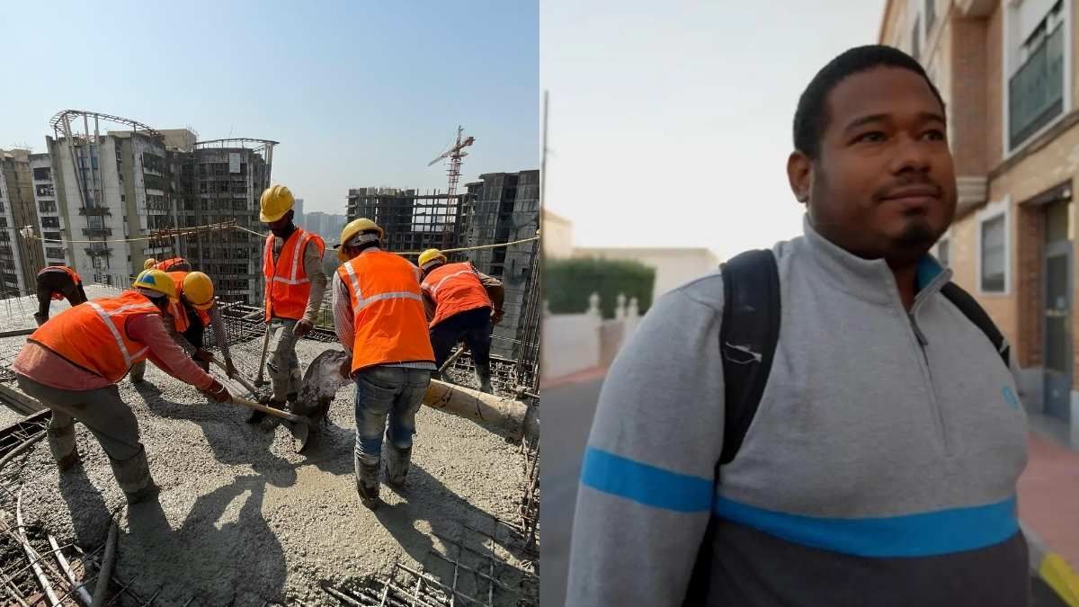 Martín, el albañil colombiano, y un grupo de albañiles trabajando