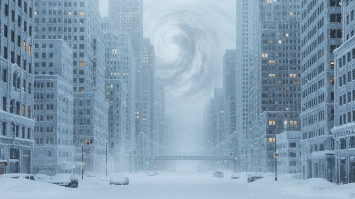 Ciudad helada con nieve bajo una tormenta