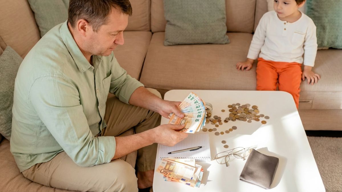Un padre contando dinero mientras su hijo le mira