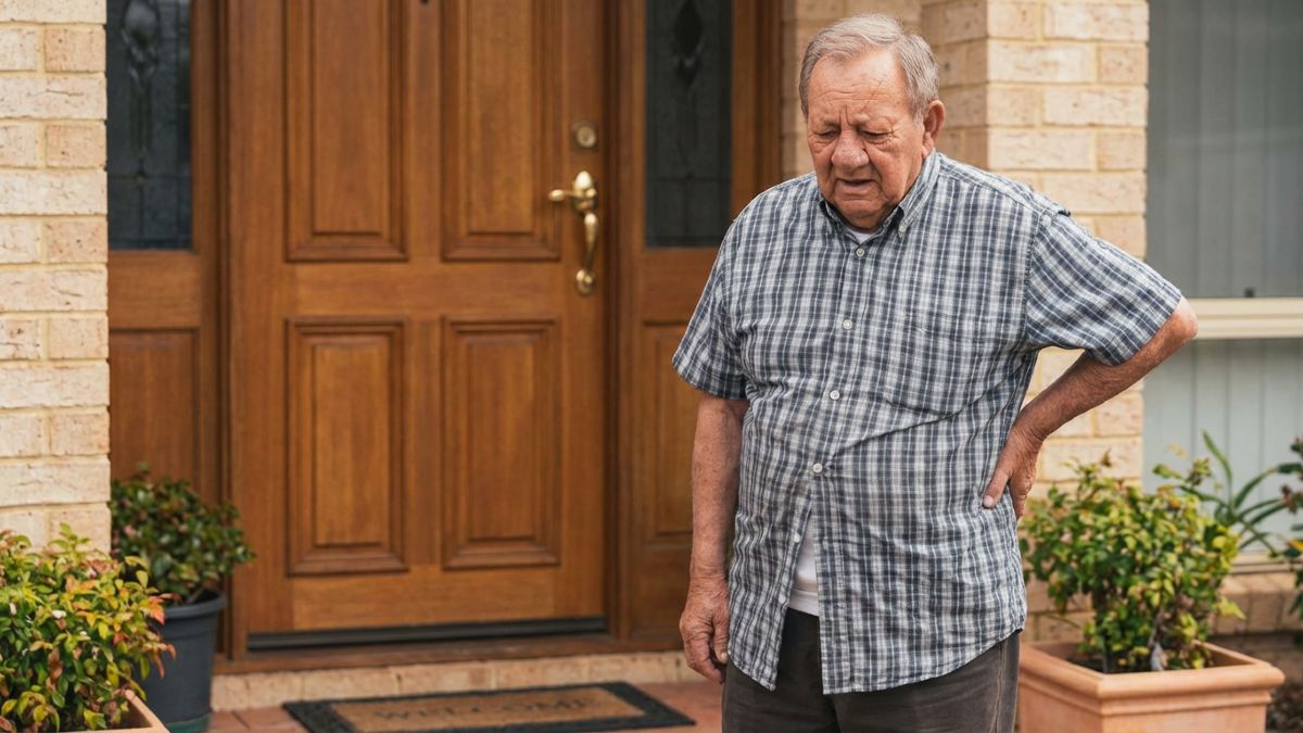 Un anciano en la puerta de su casa