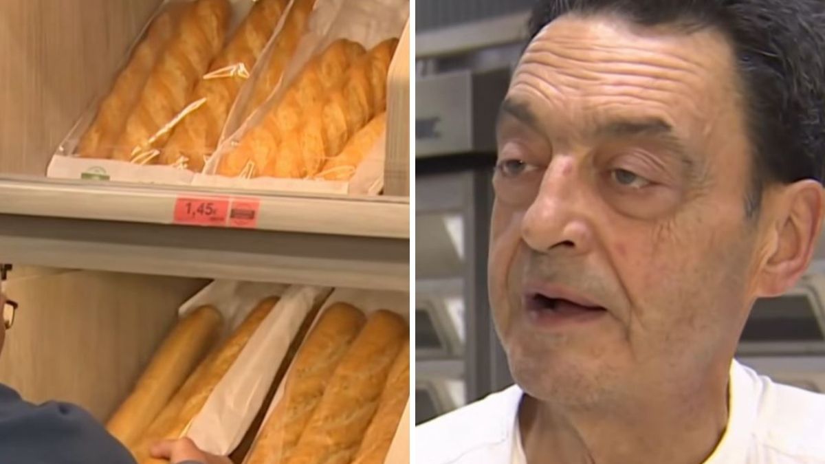el panadero y unas barras de pan en el supermercado