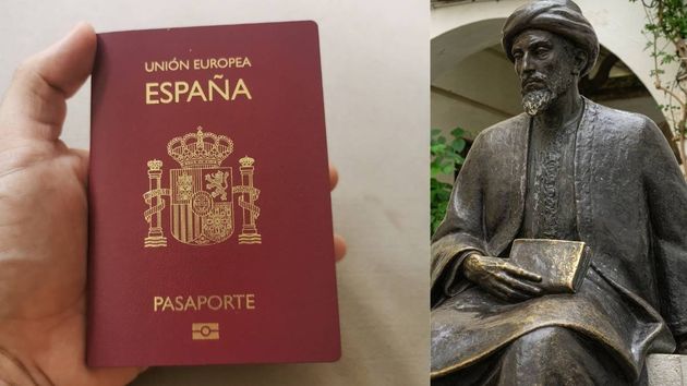 un pasaporte español y una estatua de Maimónides