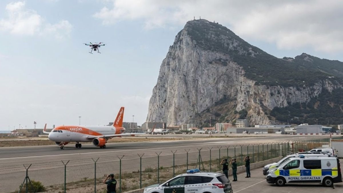 Imagen ilustrativa de un avión sobrevolado por un dron