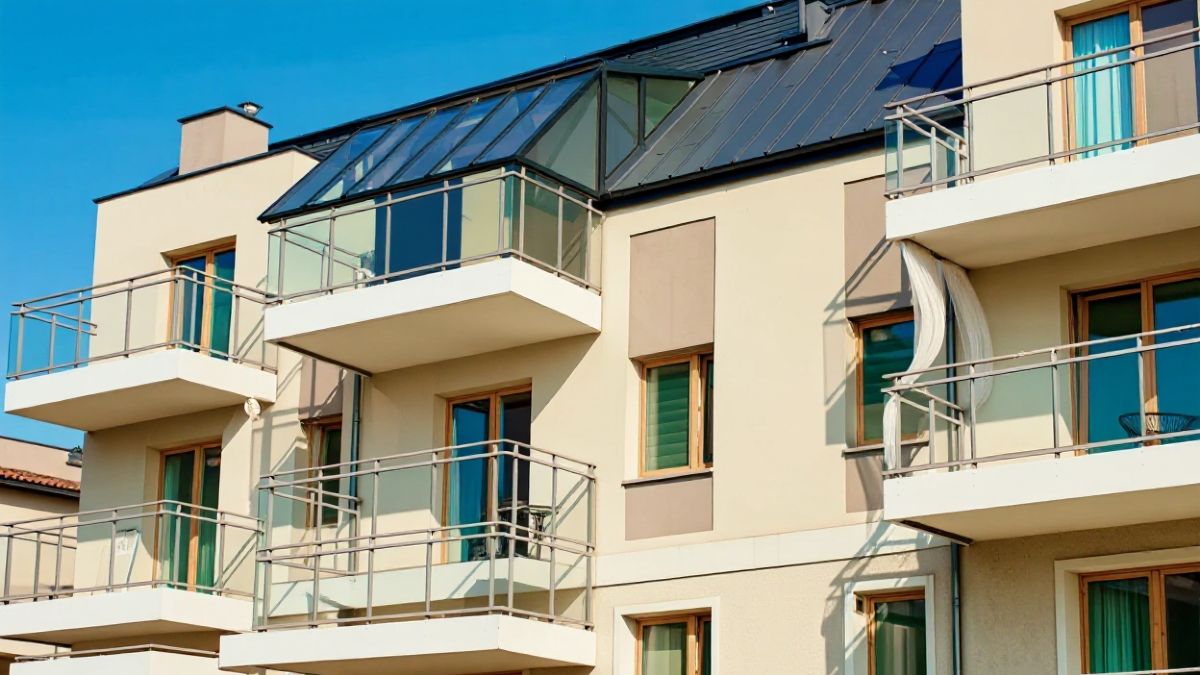 Fachada de un edificio con una terraza acristalada