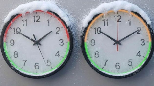 Dos relojes cubiertos de nieve