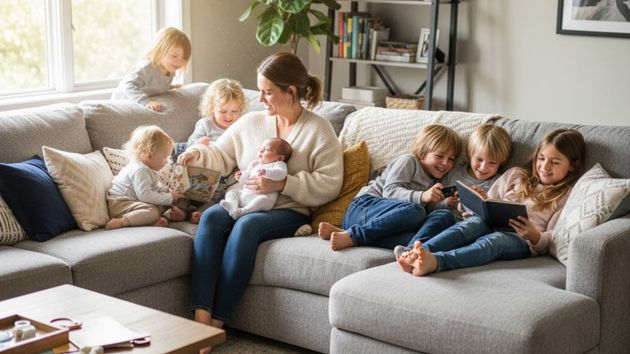 Una madre en el sofá con varios de sus hijos