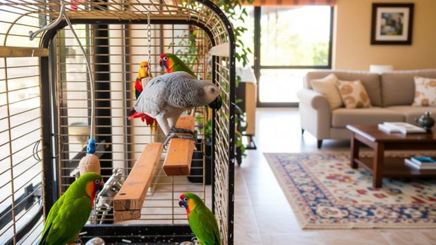 Loros en el salón de una casa