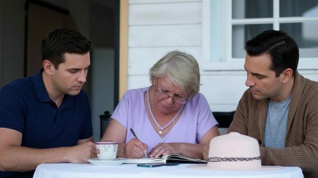 Una mujer firmando un documento junto a sus hijos