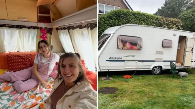 Imágenes de la joven y la autocaravana