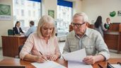Una pareja de jubilados firmando unos documentos en el banco