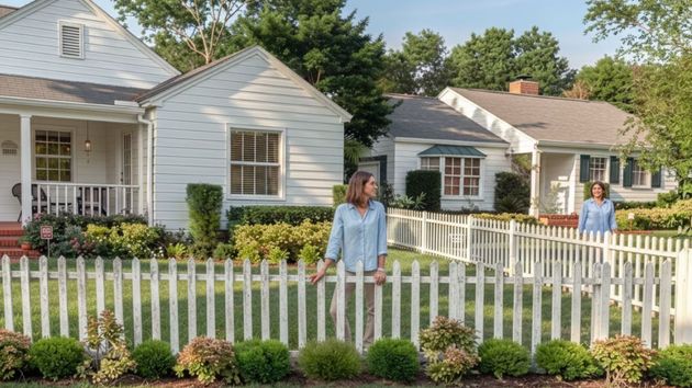 Dos mujeres vestidas iguales en el jardín de sus casas