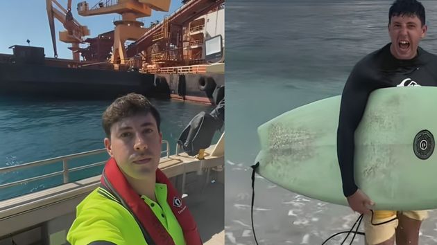 El joven sevillano en las minas y disfrutando de hacer surf.