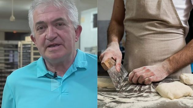 El trabajador explicando la situación del sector y una imagen de un panadero artesanal.