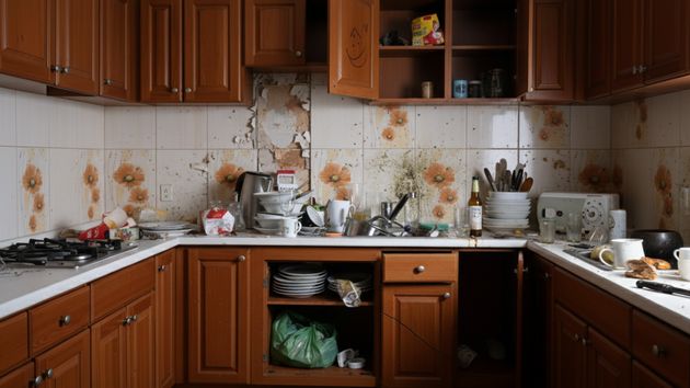 Una cocina sucia y estropeada