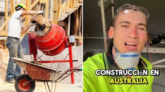 Álex Gallego y un albañil en la hormigonera