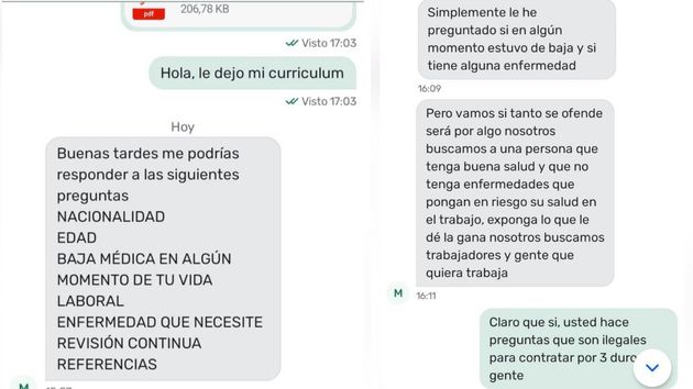 Algunos de los mensajes entre la empresa y la candidata