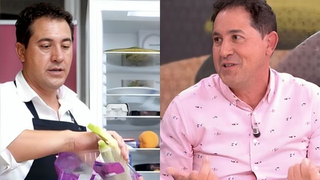 Una imagen del hombre como comerciante y a su lado, durante la entrevista.