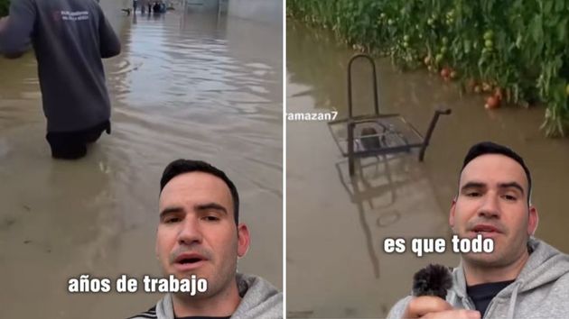 Germán enseñando los invernaderos inundados