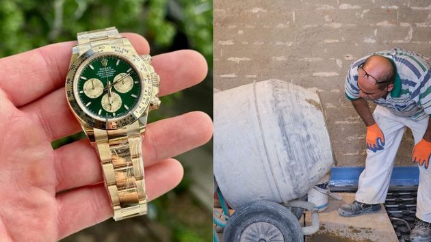 Un modelo de Rolex Daytona con un albañil trabajando en la hormigonera