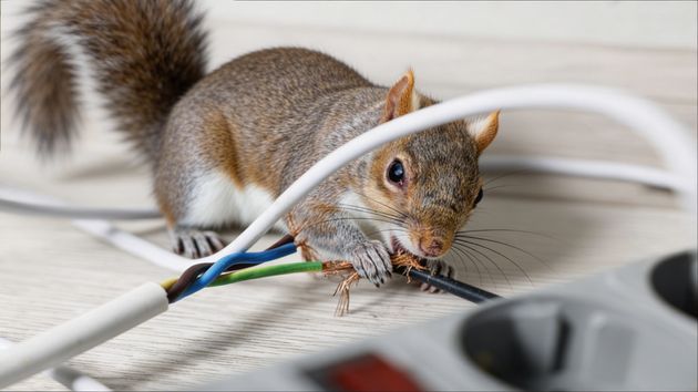 Una ardilla mordiendo un cable 