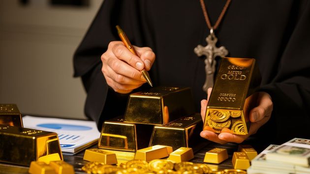 un sacerdote con varios lingotes de oro