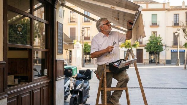Trabajador arreglando un toldo de un bar