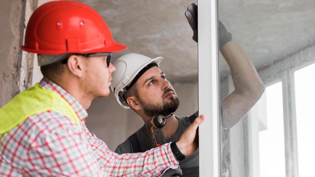 Dos personas arreglando una ventana.