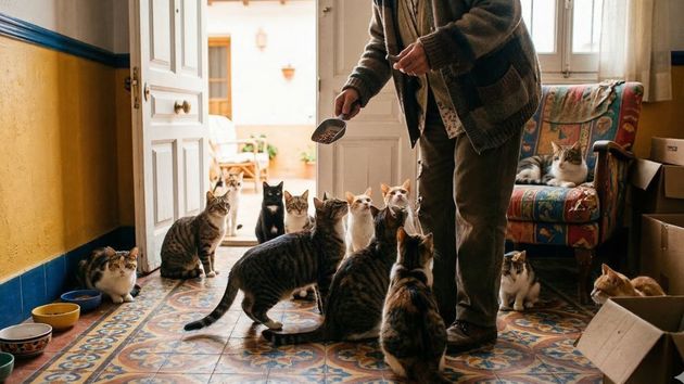  Una persona alimentando a sus gatos