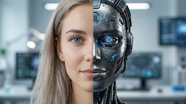 Rosto de una mujer mitad humana mitad IA