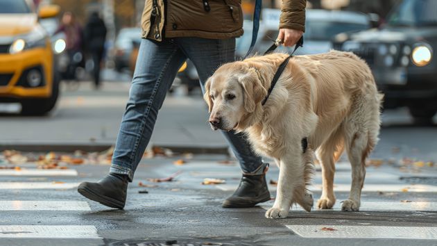 Un perro paseando por la calle.