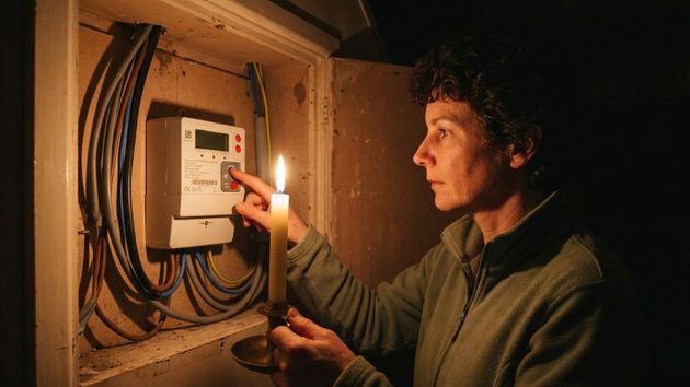 mujer con una vela en un contador de luz