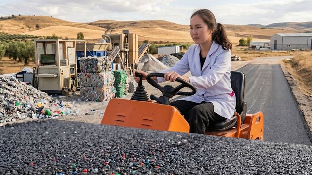 la estudiante pavimentando una carretera con ecoasfalto