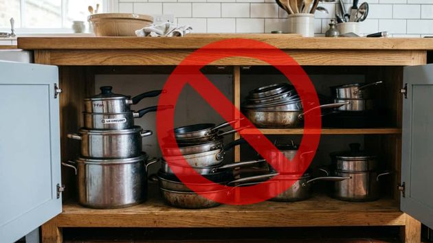 Ollas apiladas bajo encimera