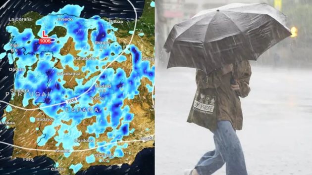 Pronóstico del tiempo en España y una persona con paragüas