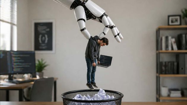 Brazo robótico sosteniendo a un programador con portátil sobre una papelera llena de papeles arrugados en una oficina