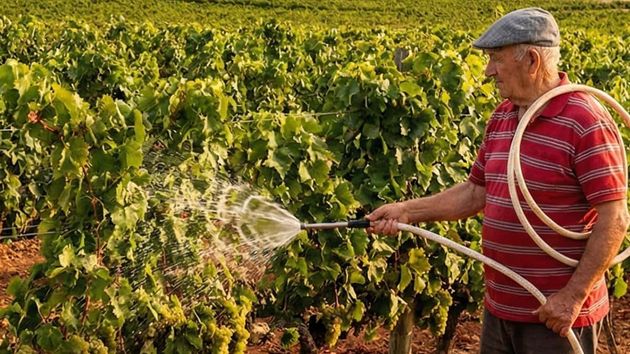 un agricultor regando su finca