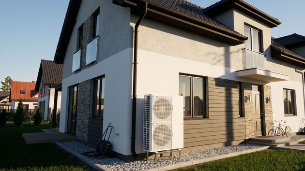 Una máquina de aire acondicionado en la fachada de una casa