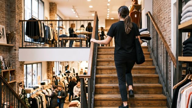 Una dependienta subiendo las escaleras de la tienda
