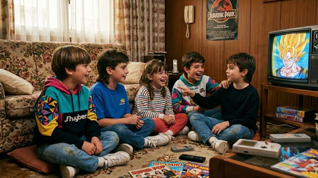 unos niños riendo y viendo Dragon Ball en la televisión