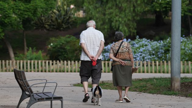 Dos personas mayores paseando con su perro, en un parque