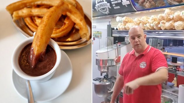 Juan en su churrería y un churro mojando en chocolate