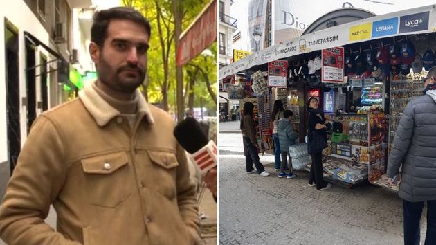 Miguel durante la entrevista y un quiosco de prensa